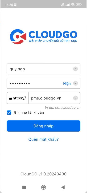 Màn hình nhập thông tin đăng nhập ứng dụng