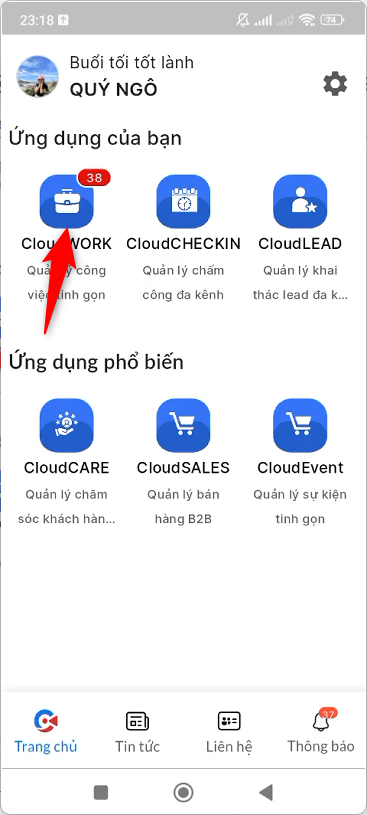 Chọn ứng dụng CloudWORK sau khi đăng nhập