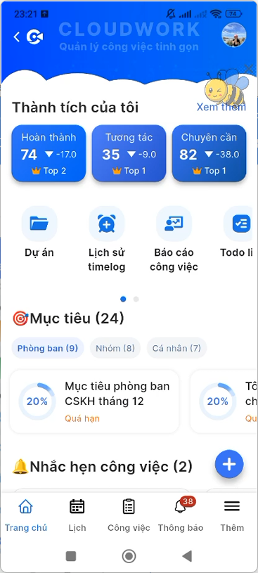 Màn hình đăng nhập thành công vào CloudWORK