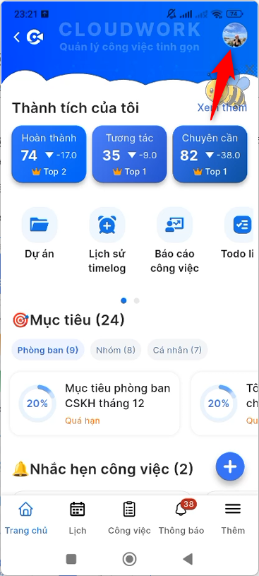 Nhấn vào avatar để mở menu tài khoản