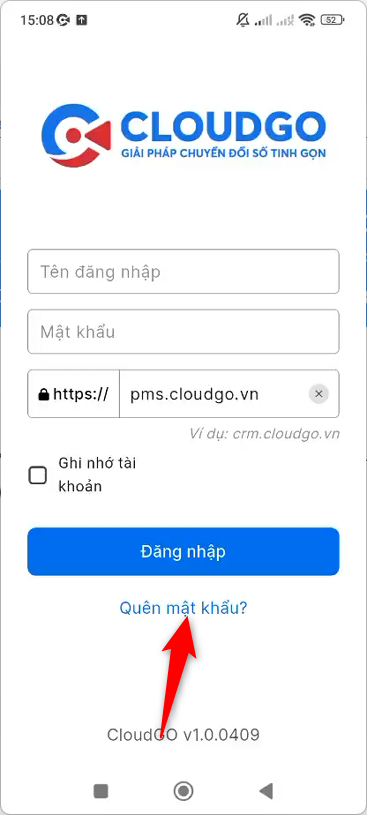 Nhấn vào Quên mật khẩu tại màn hình đăng nhập
