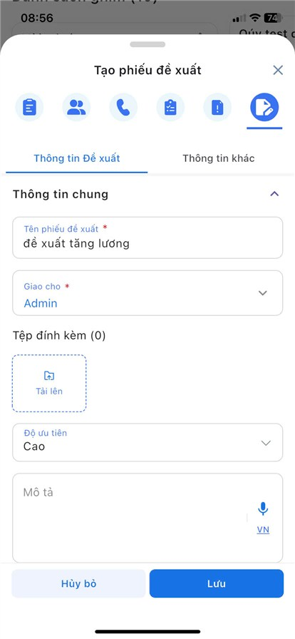 Nhập thông tin tại tab Thông tin đề xuất