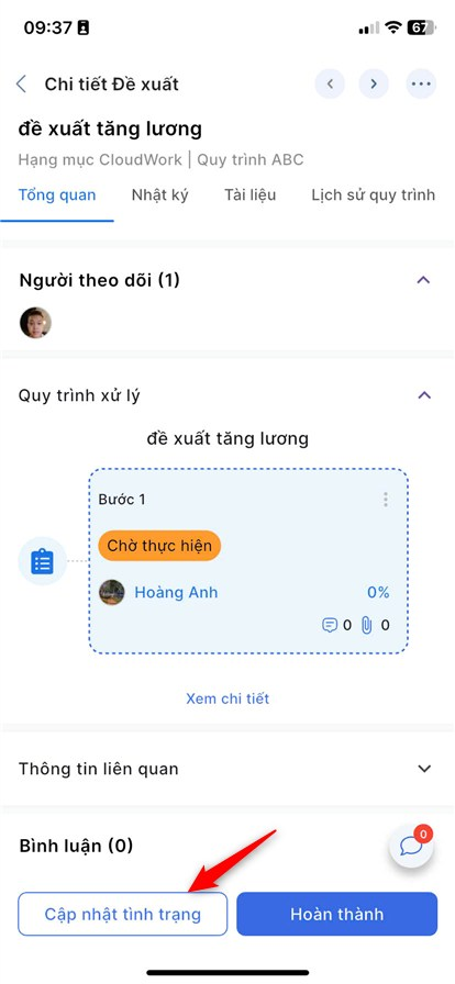 Màn hình cập nhật tình trạng đề xuất