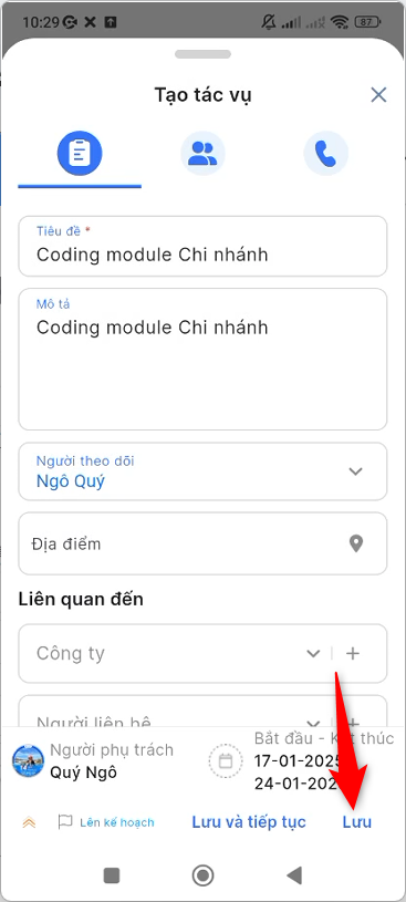 Nhập thông tin Tác vụ