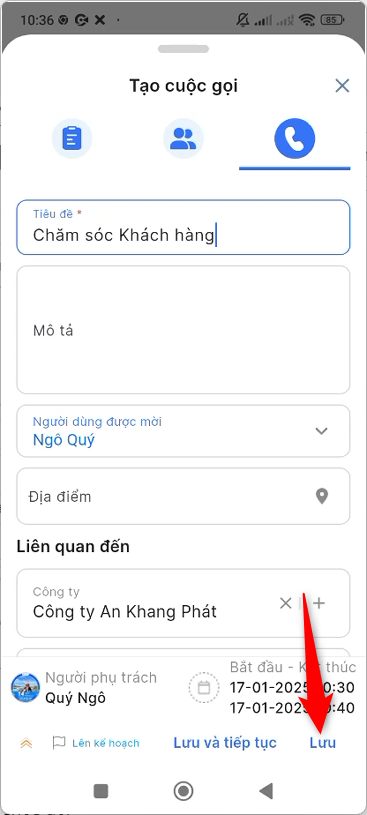 Nhập thông tin Cuộc gọi