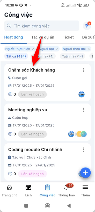 Chọn hoạt động cần chỉnh sửa
