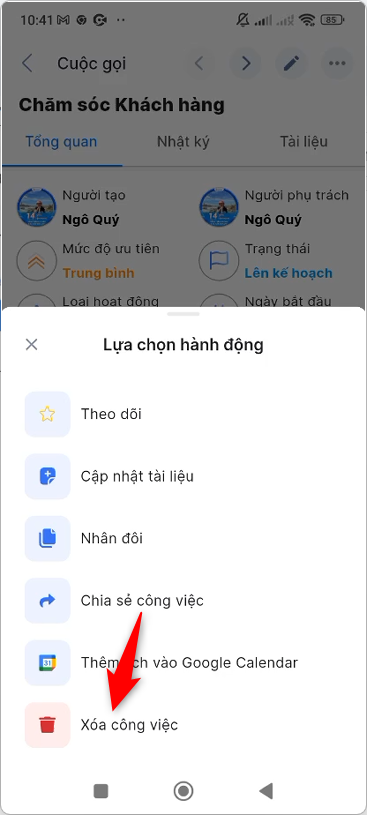 Chọn Xóa công việc