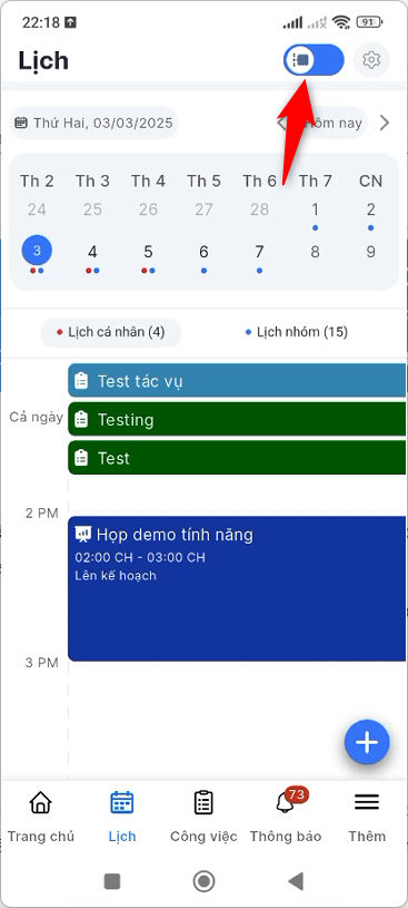 Nhấn icon chuyển đổi mode xem Lịch