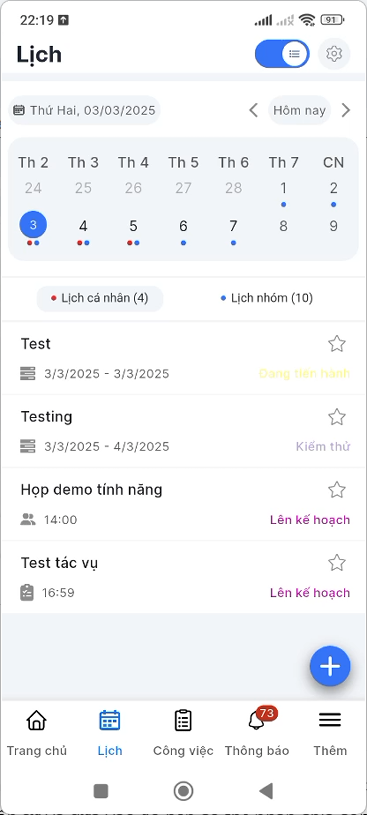 Màn hình danh sách lịch v1
