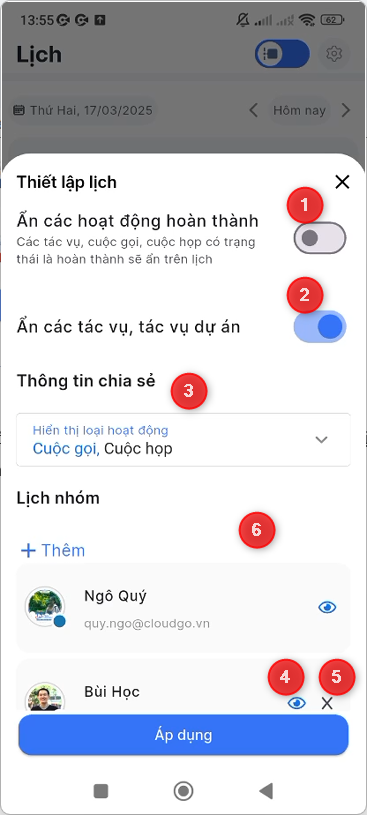 Các tùy chọn cấu hình tại màn hình Thiết lập lịch