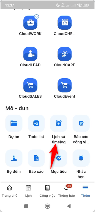 Chọn module Lịch sử timelog