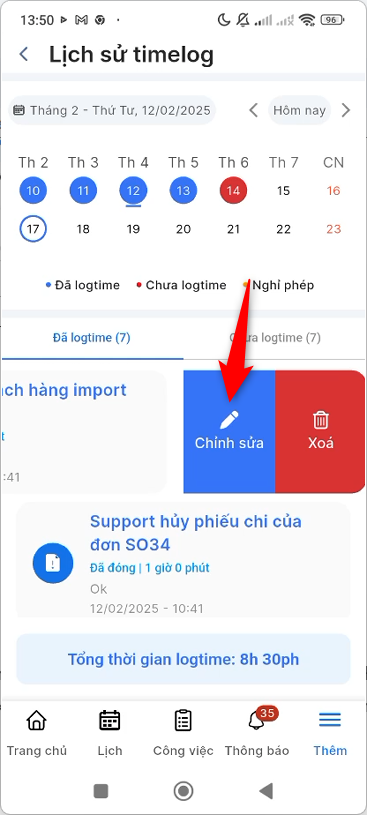Vuốt sang trái item logtime cần chỉnh sửa