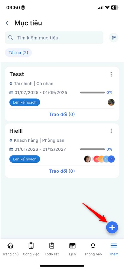 Chọn icon dấu cộng để thêm mới mục tiêu