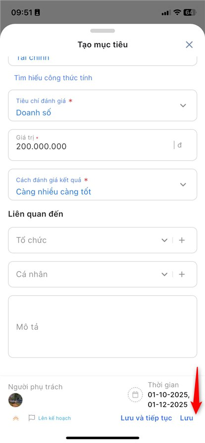 Màn hình nhập thông tin mục tiêu mới