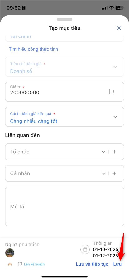 Màn hình chỉnh sửa thông tin mục tiêu