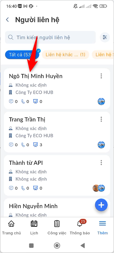 Truy cập chi tiết Người liên hệ