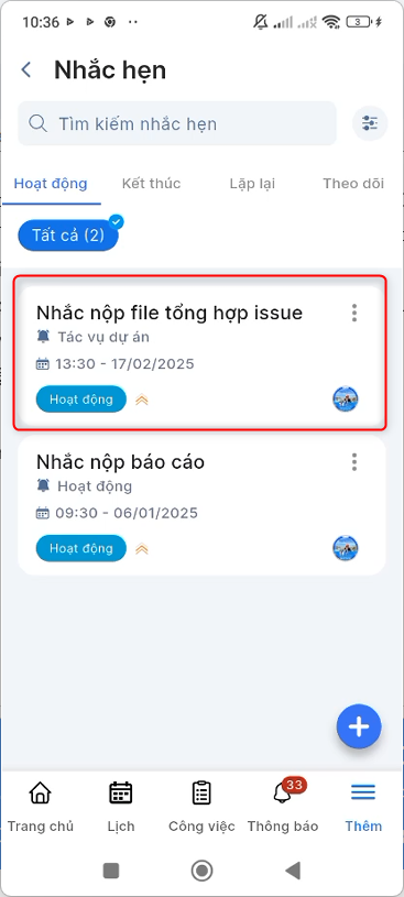 Nhắc hẹn hiển thị trên danh sách