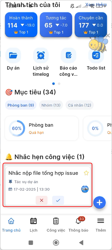 Nhắc hẹn hiển thị tại Trang chủ