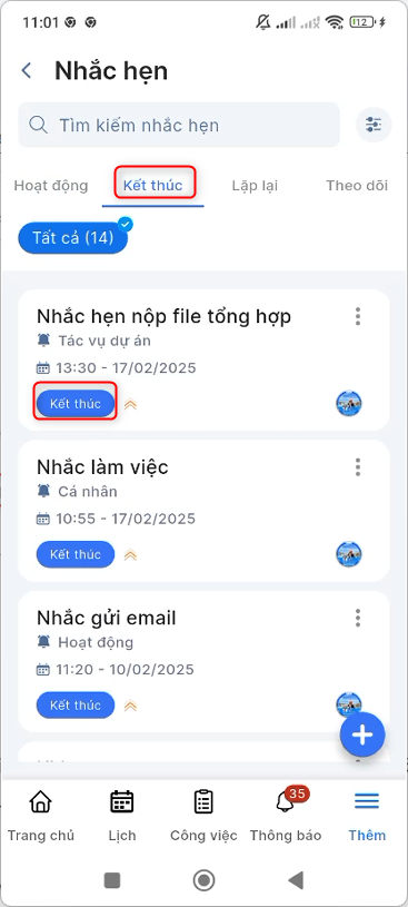 Nhắc hẹn chuyển sang tình trạng Kết thúc