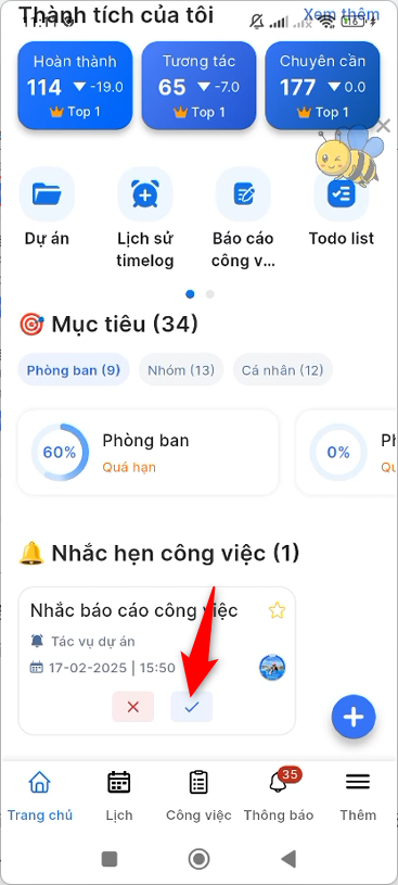 Nhấn icon tick tại item Nhắc hẹn ở Trang chủ