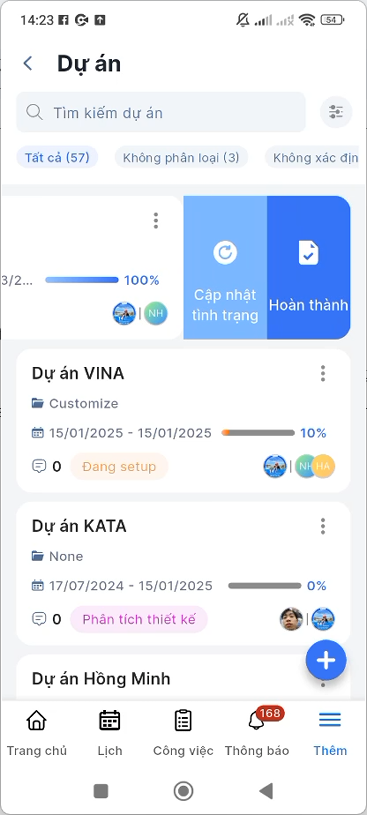 Vuốt sang trái dự án trên danh sách