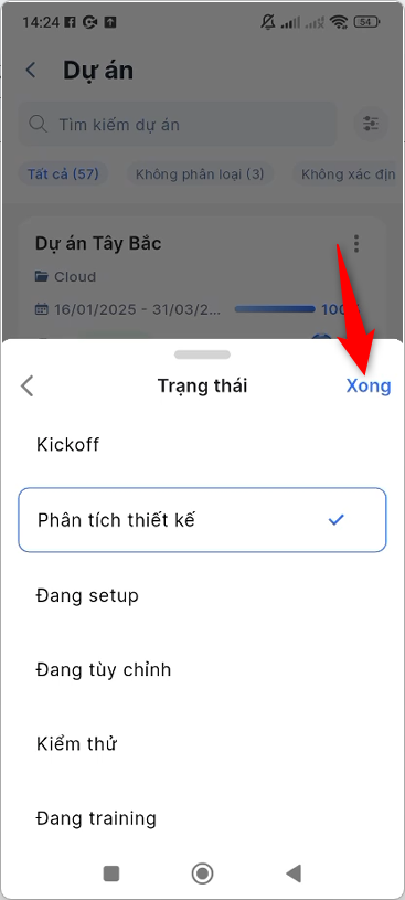 Tick chọn tình trạng dự án