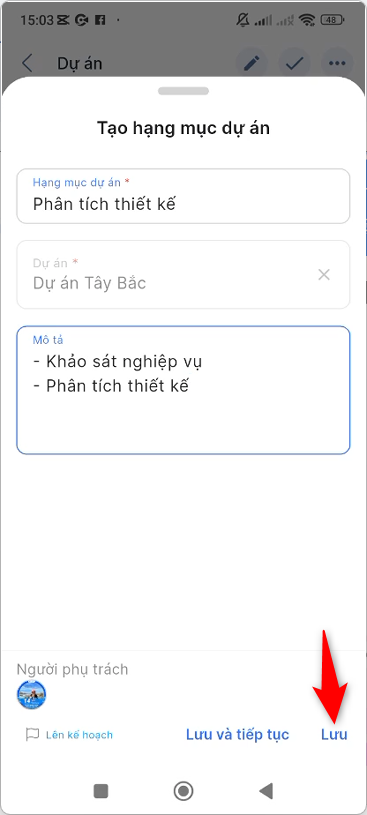Nhập thông tin hạng mục dự án