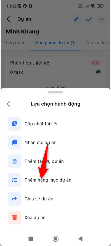 Thêm hạng mục dự án từ icon 3 chấm