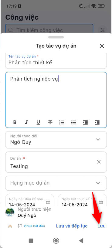 Nhập thông tin tác vụ dự án