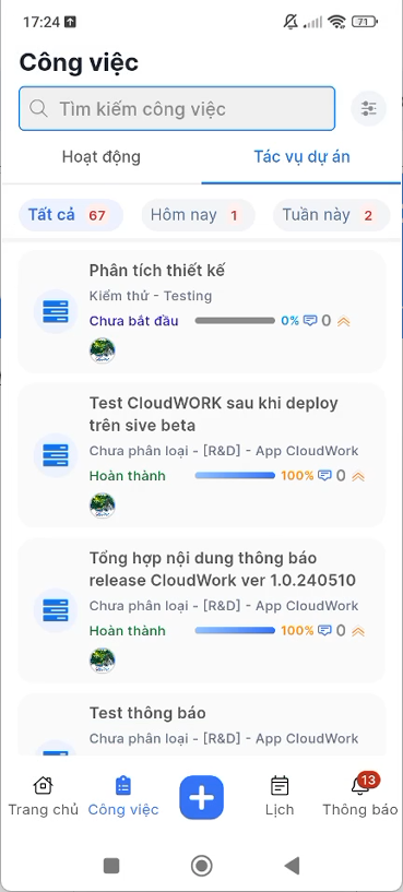 Kết quả tạo mới tác vụ dự án