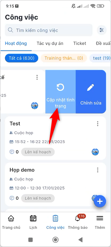 Vuốt sang trái tác vụ dự án trên listview
