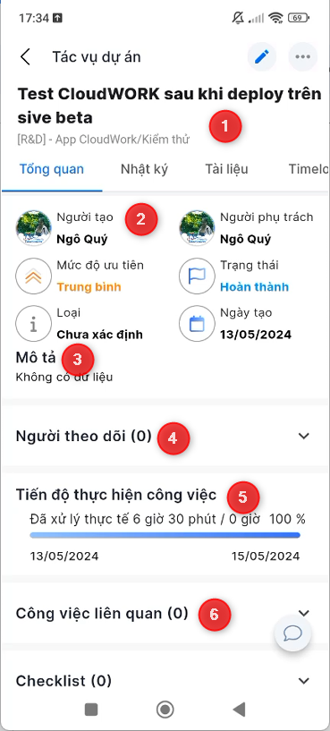 Màn hình chi tiết tác vụ dự án - phần 1