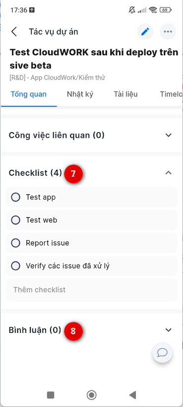 Màn hình chi tiết tác vụ dự án - phần 2
