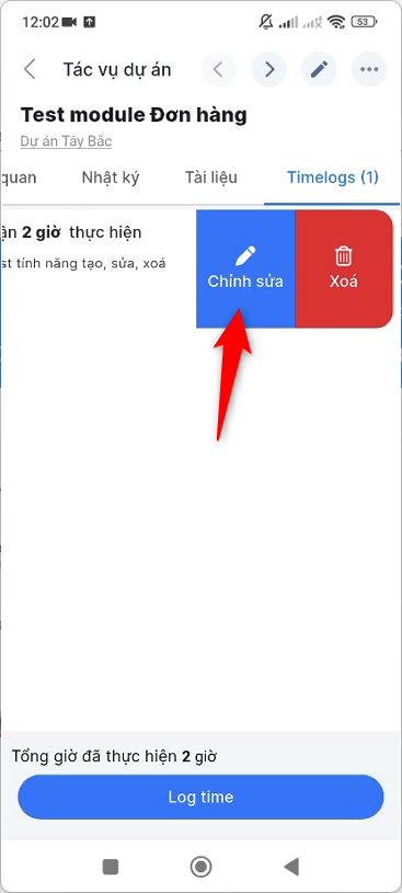 Vuốt sang trái logtime cần chỉnh sửa