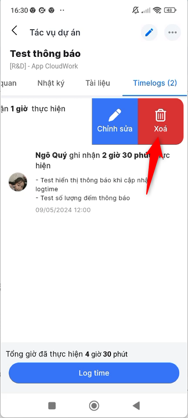 Vuốt sang trái và chọn Xóa logtime