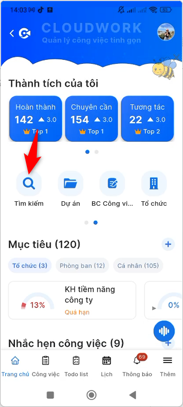 Nhấn vào ô tìm kiếm tại Trang chủ