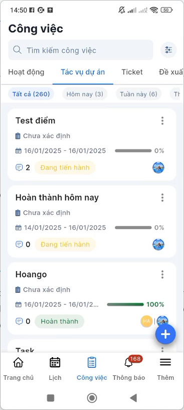 Truy cập listview Tác vụ dự án