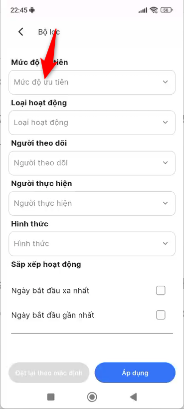 Chọn field mức độ ưu tiên để lọc