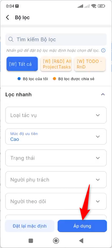 Nhấn áp dụng sau khi chọn điều kiện lọc