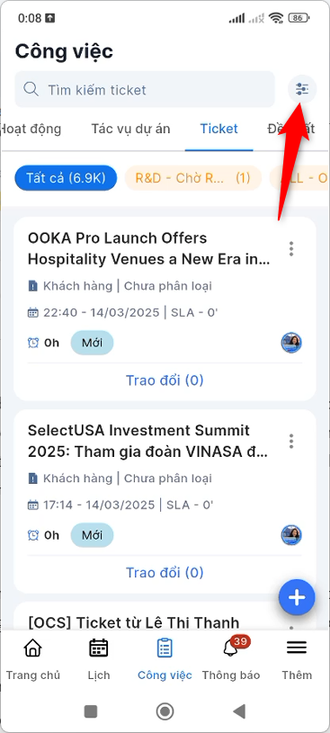 Danh sách bộ lọc theo CRM trên app