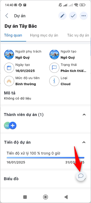 Nhấn icon bình luận tại chi tiết dự án