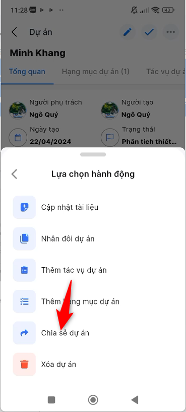Chọn chia sẻ dự án