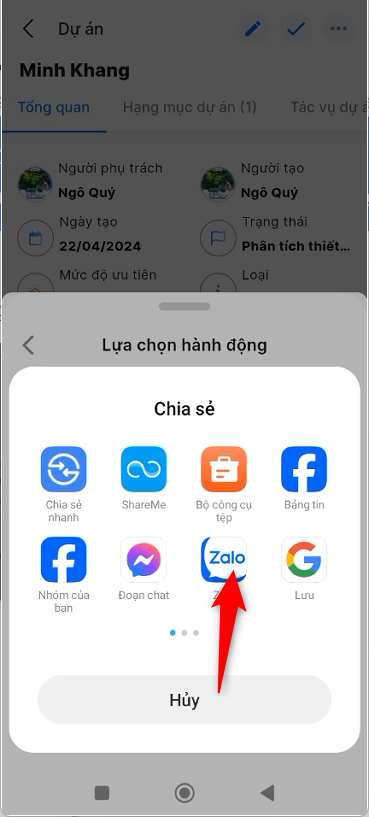 Chọn ứng dụng để chia sẻ dự án qua Zalo