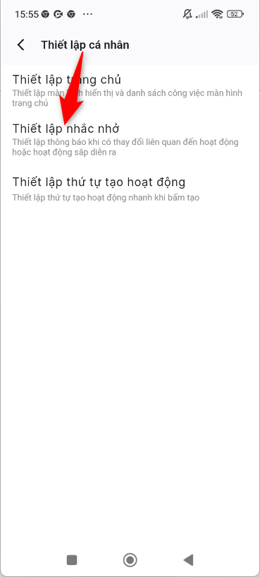 Chọn Thiết lập nhắc nhở
