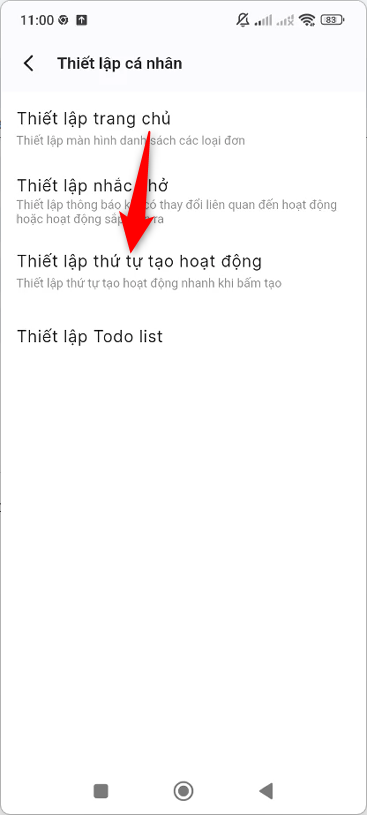 Chọn Thiết lập thứ tự tạo hoạt động