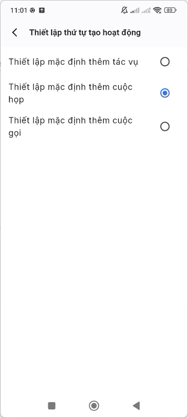 Tick chọn loại công việc mặc định khi tạo hoạt động