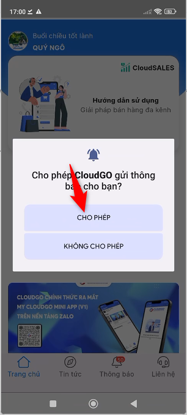 Cho phép nhận thông báo trên điện thoại