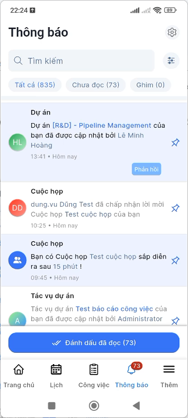 Màn hình Tất cả thông báo