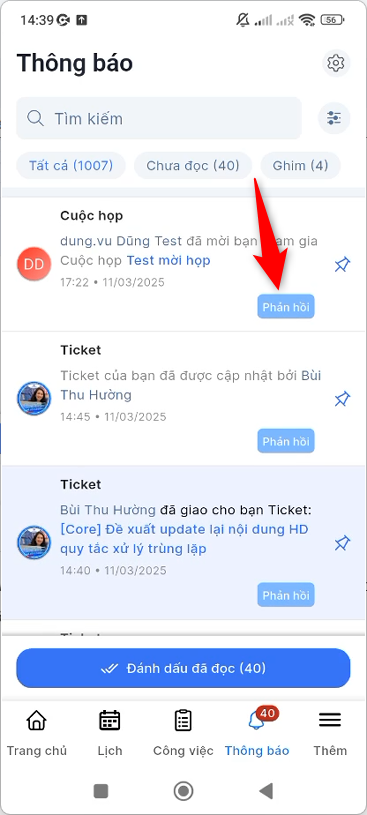 Phản hồi nhanh trên item thông báo