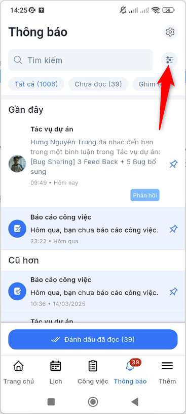 Nhấn icon Lọc